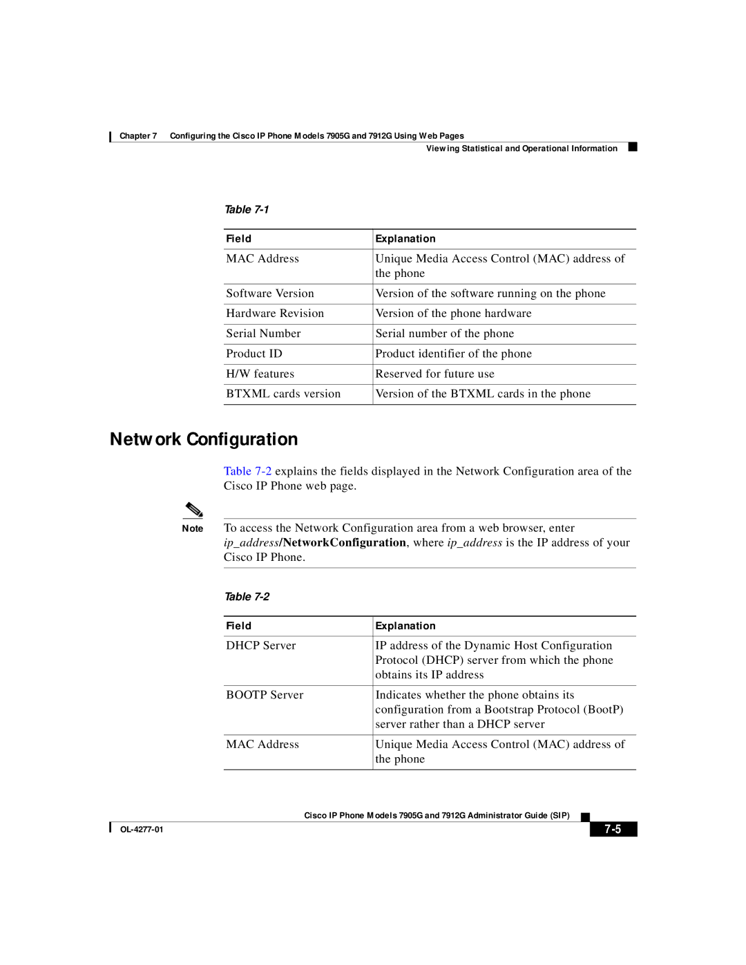 Cisco Systems 7912G, 7905G manual Network Configuration, Field Explanation 