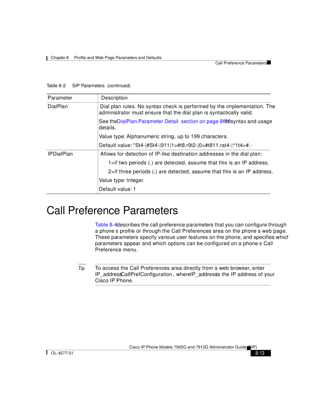 Cisco Systems 7912G, 7905G manual Call Preference Parameters 