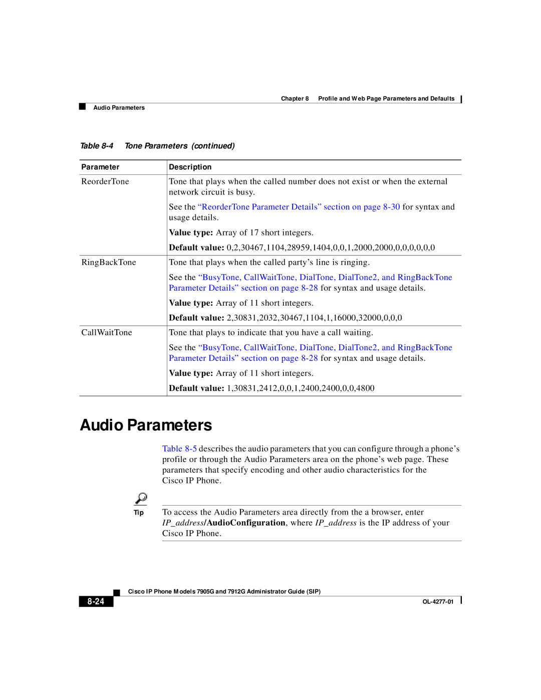 Cisco Systems 7905G, 7912G manual Audio Parameters 