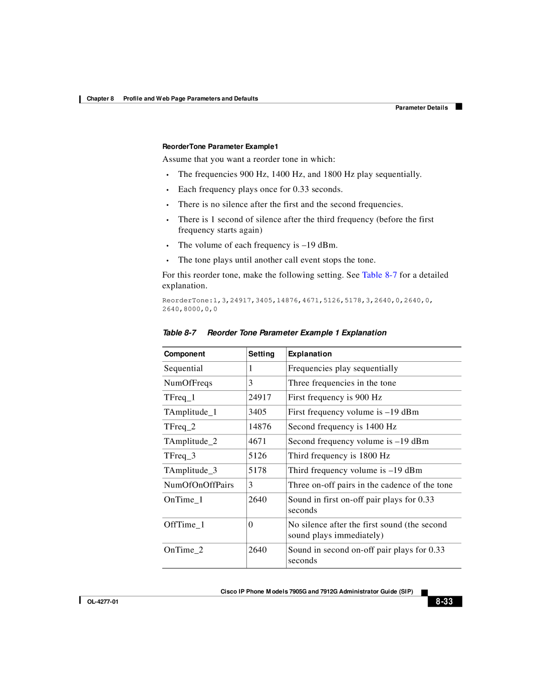 Cisco Systems 7912G, 7905G manual ReorderTone Parameter Example1, Component Setting Explanation 