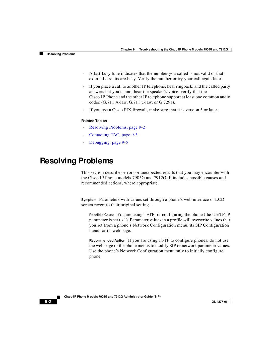 Cisco Systems 7905G, 7912G manual Resolving Problems, Related Topics 