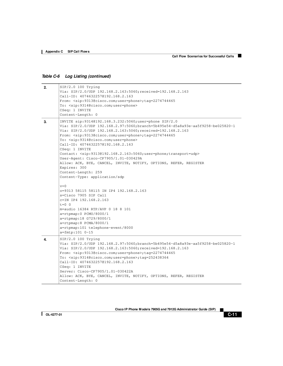 Cisco Systems 7912G, 7905G manual Table C-6 Log Listing 