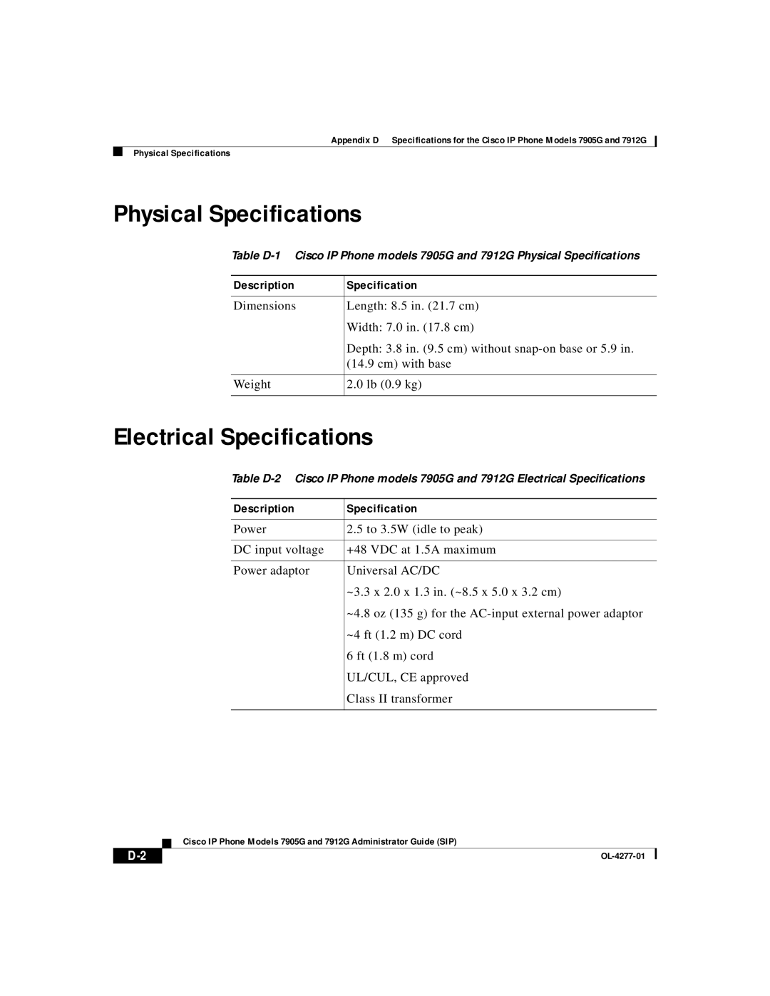 Cisco Systems 7905G, 7912G manual Physical Specifications, Electrical Specifications, Description Specification 