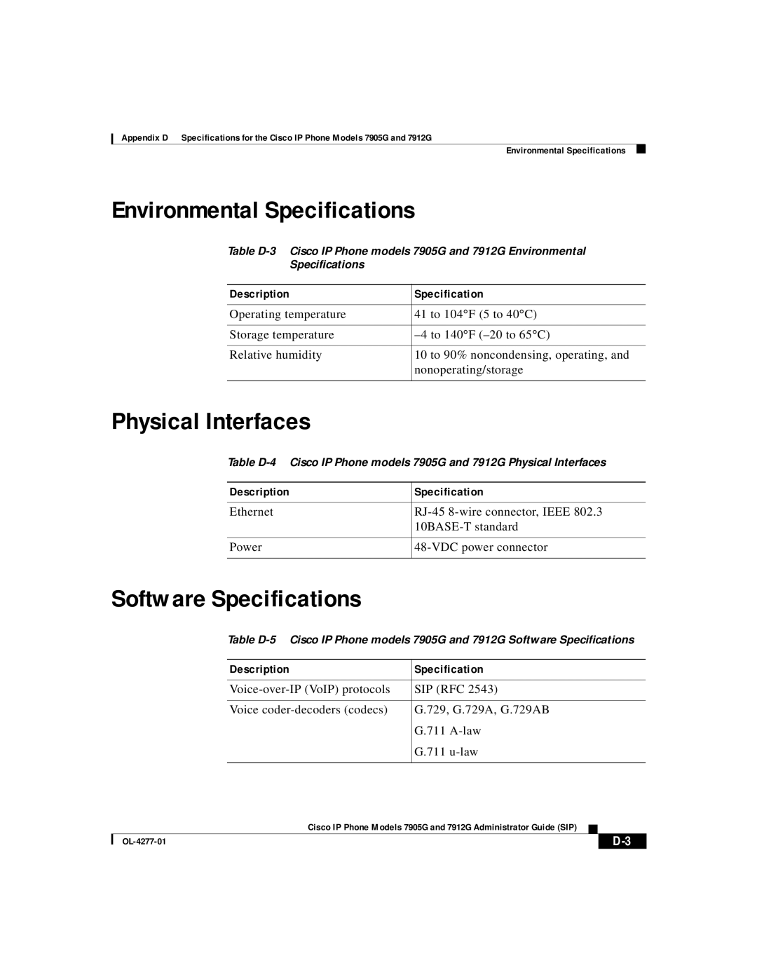 Cisco Systems 7912G, 7905G manual Environmental Specifications, Physical Interfaces, Software Specifications 