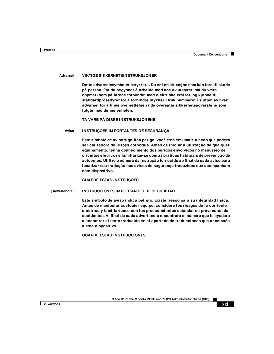 Cisco Systems 7912G, 7905G manual Aviso Instruções Importantes DE Segurança, Xxi 