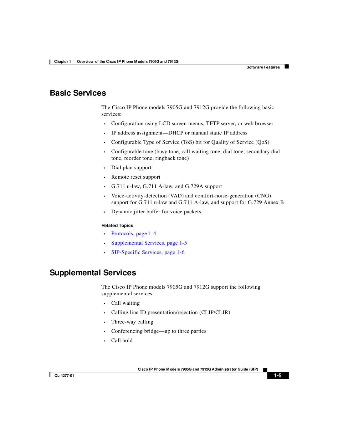 Cisco Systems 7912G, 7905G manual Basic Services, Supplemental Services 