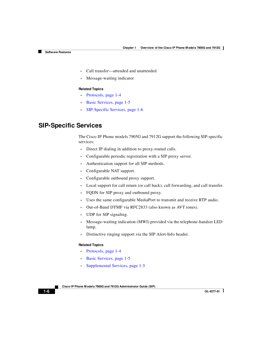 Cisco Systems 7905G, 7912G manual SIP-Specific Services, Protocols, Basic Services, Supplemental Services 