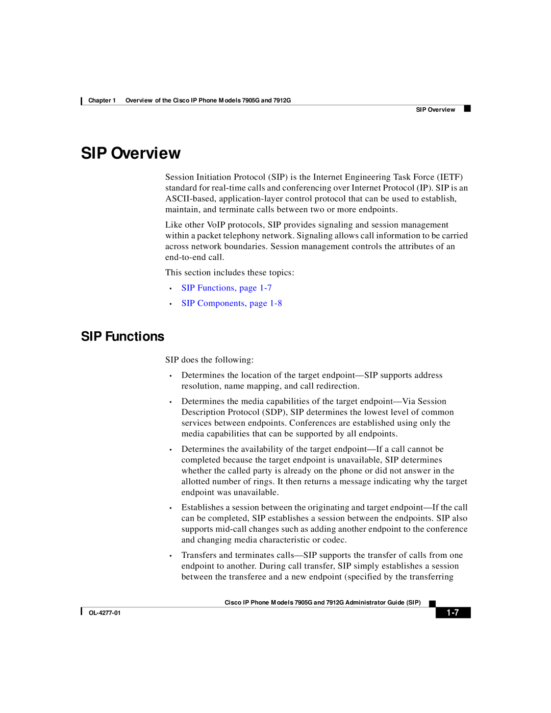 Cisco Systems 7912G, 7905G manual SIP Overview, SIP Functions 