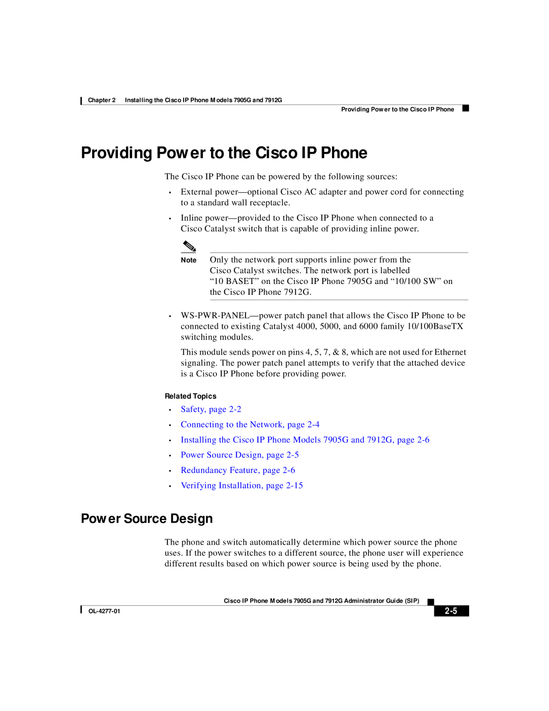 Cisco Systems 7912G, 7905G manual Providing Power to the Cisco IP Phone, Power Source Design 