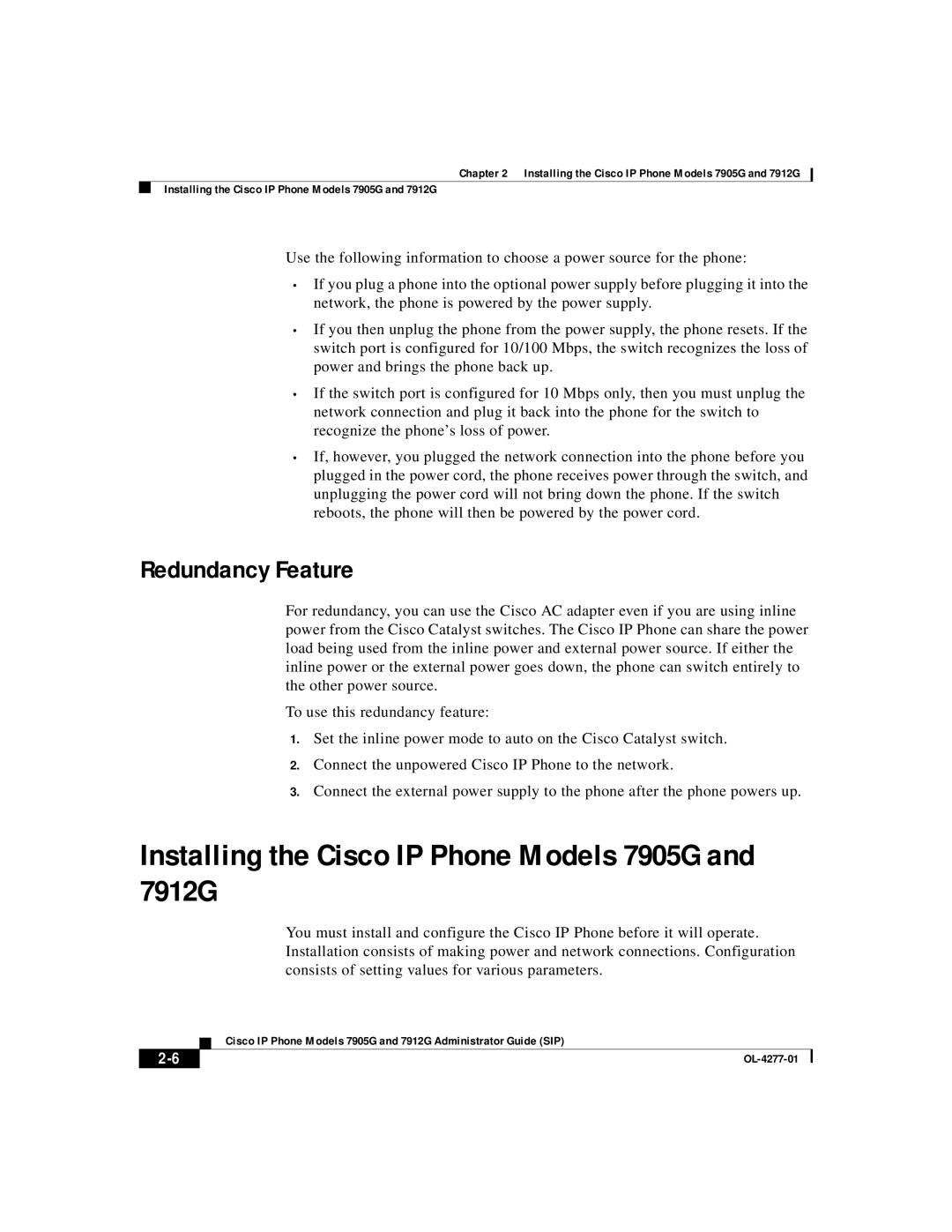 Cisco Systems manual Installing the Cisco IP Phone Models 7905G and 7912G, Redundancy Feature 