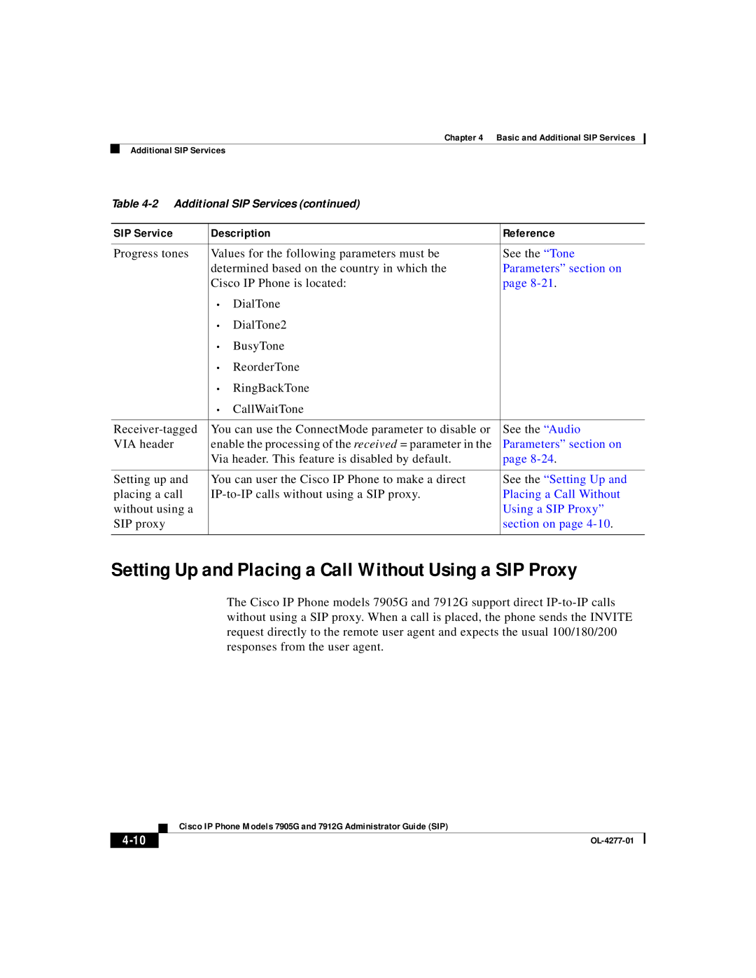 Cisco Systems 7905G, 7912G manual Setting Up and Placing a Call Without Using a SIP Proxy 