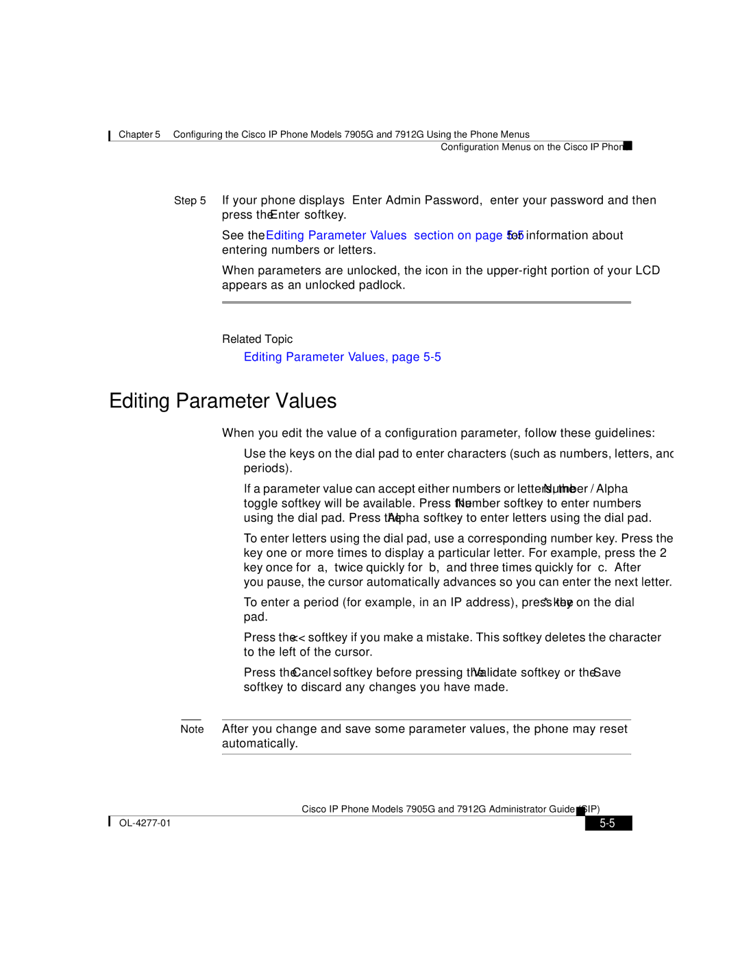 Cisco Systems 7912G, 7905G manual Editing Parameter Values, Related Topic 