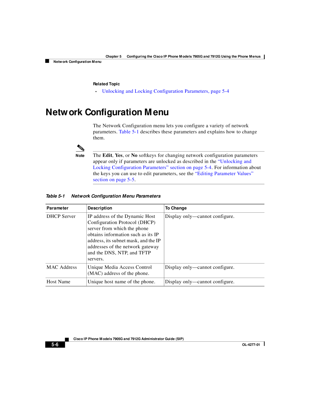 Cisco Systems 7905G, 7912G manual Network Configuration Menu, Parameter Description To Change 