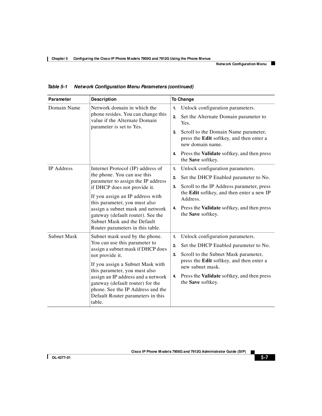 Cisco Systems 7912G, 7905G manual Network Configuration Menu 