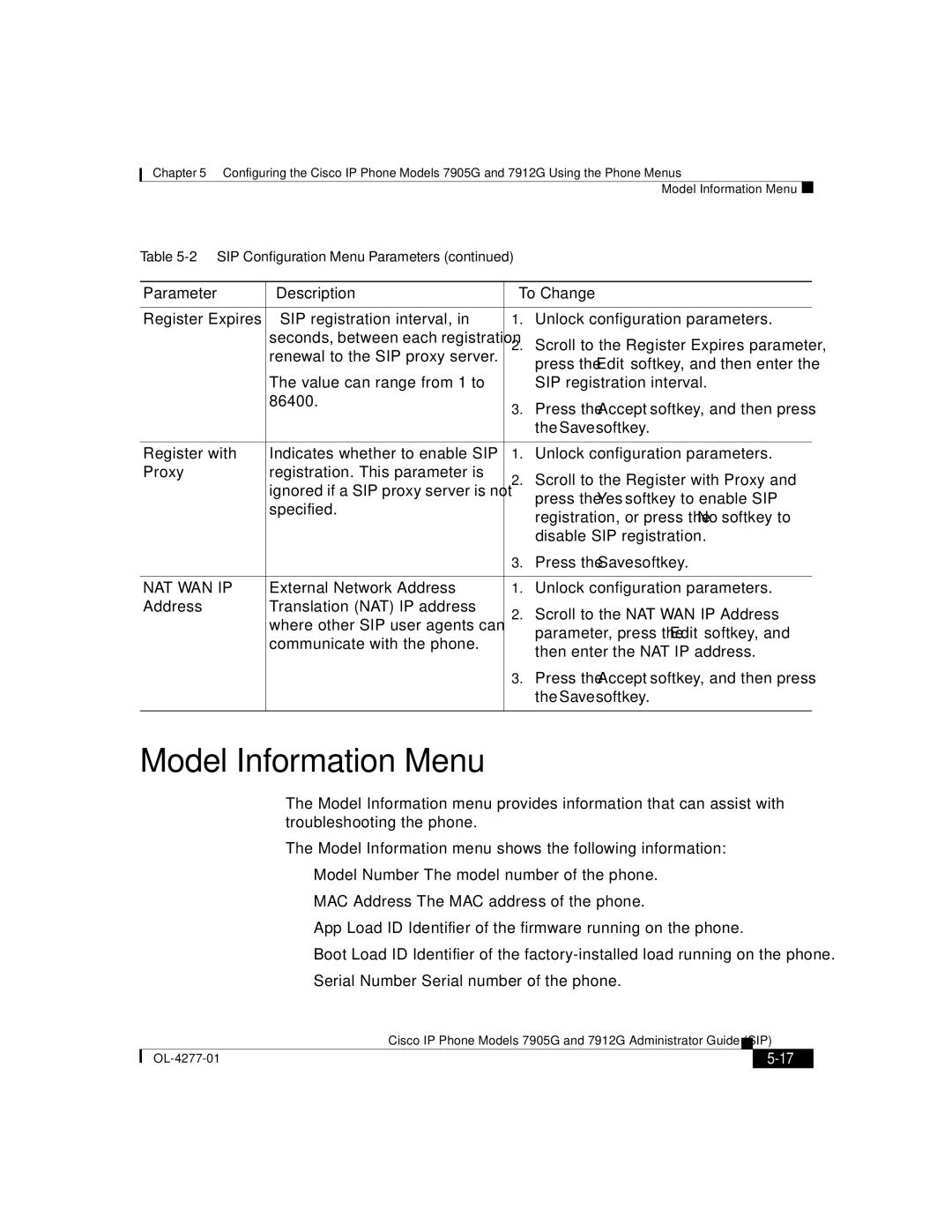 Cisco Systems 7912G, 7905G manual Model Information Menu, Nat Wan Ip 