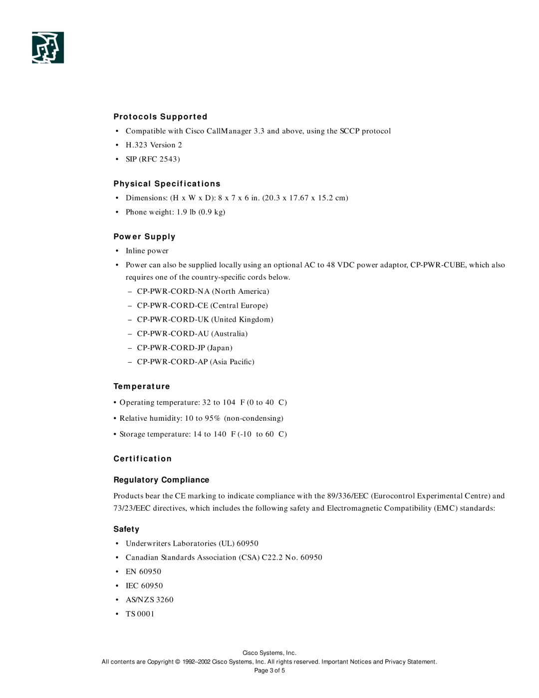 Cisco Systems 7905G manual Protocols Supported, Physical Specifications, Power Supply, Temperature, Safety 