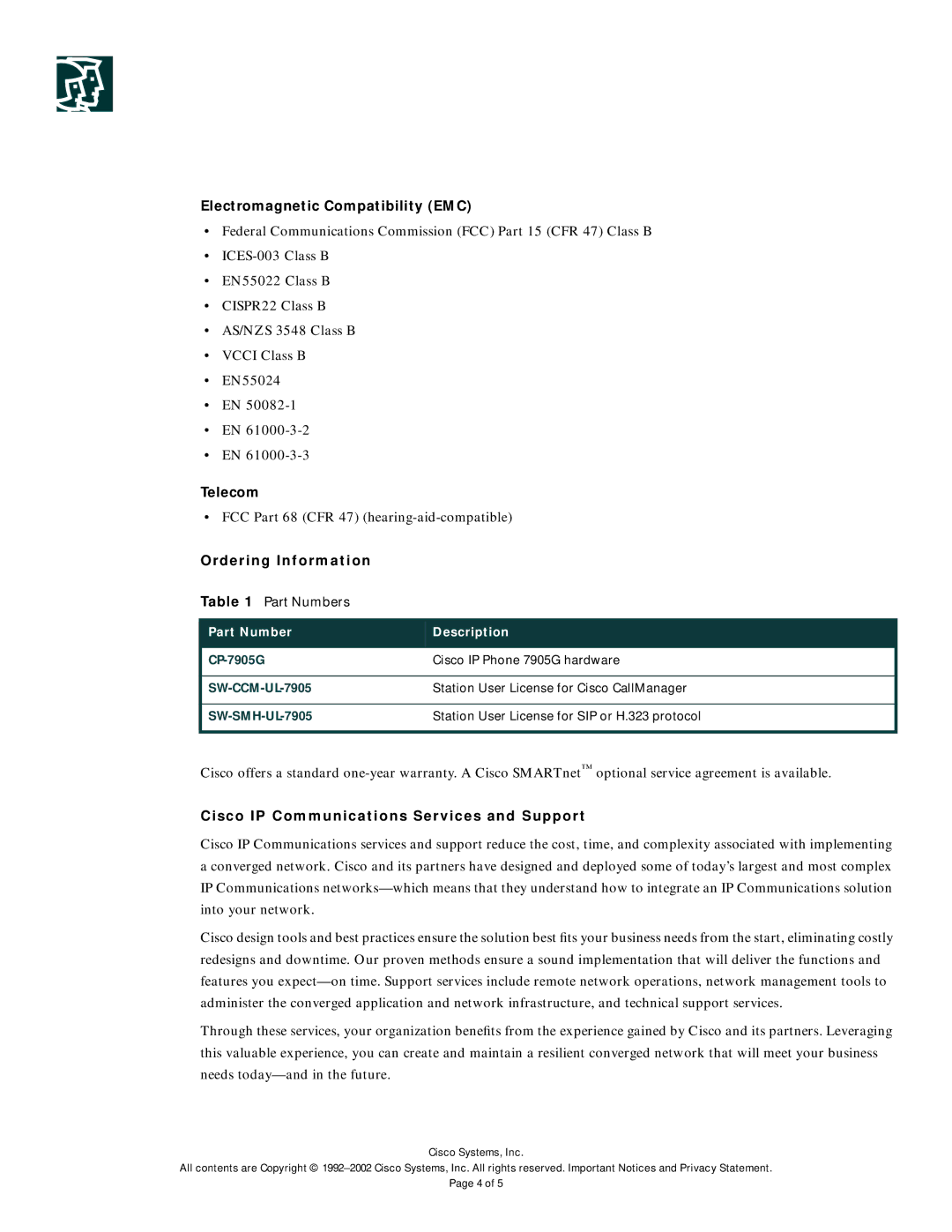 Cisco Systems 7905G manual Electromagnetic Compatibility EMC, Telecom, Ordering Information 