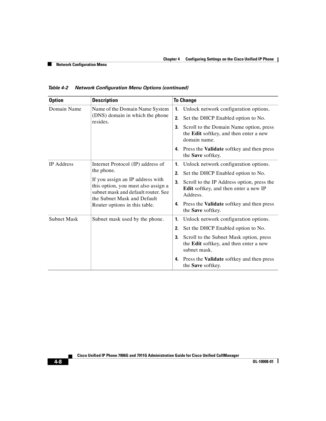 Cisco Systems 7906G, 7911G manual Option Description To Change 