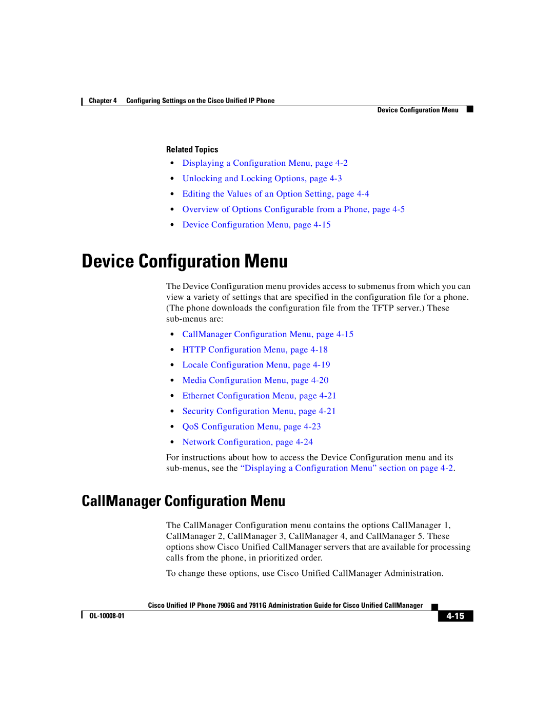 Cisco Systems 7911G, 7906G manual Device Configuration Menu, CallManager Configuration Menu 