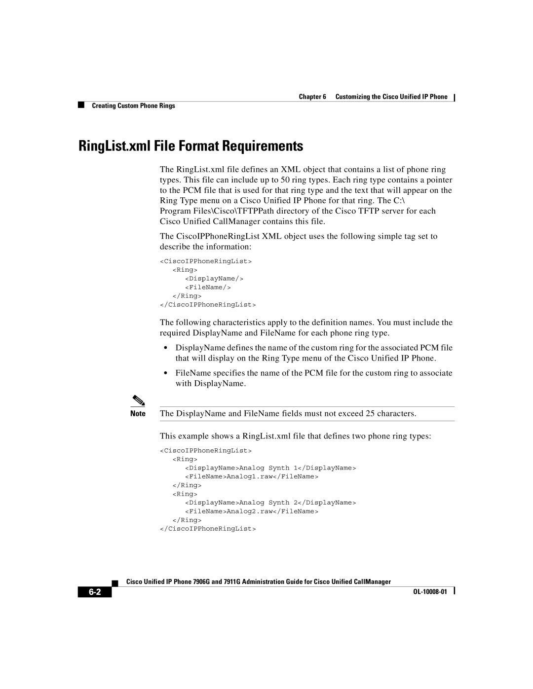 Cisco Systems 7906G, 7911G manual RingList.xml File Format Requirements, Ring CiscoIPPhoneRingList 