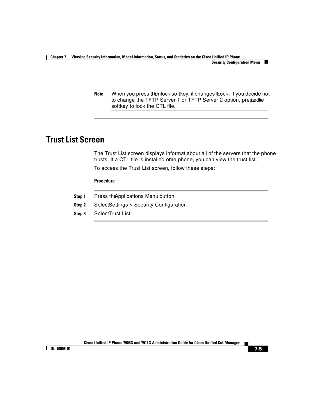 Cisco Systems 7911G, 7906G manual Trust List Screen 