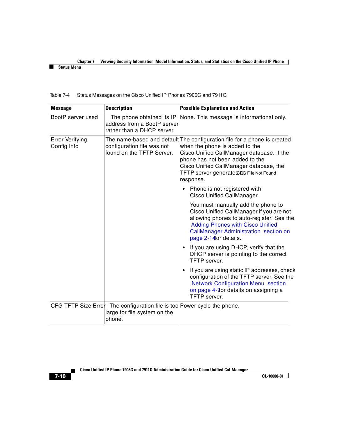 Cisco Systems 7906G, 7911G manual Message Description Possible Explanation and Action, Adding Phones with Cisco Unified 