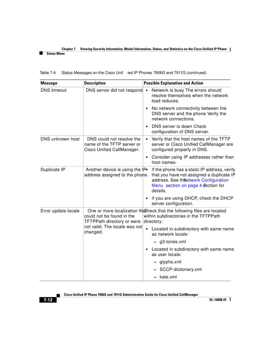 Cisco Systems 7906G, 7911G manual Address. See the Network Configuration, Menu section on page 4-7 section for 