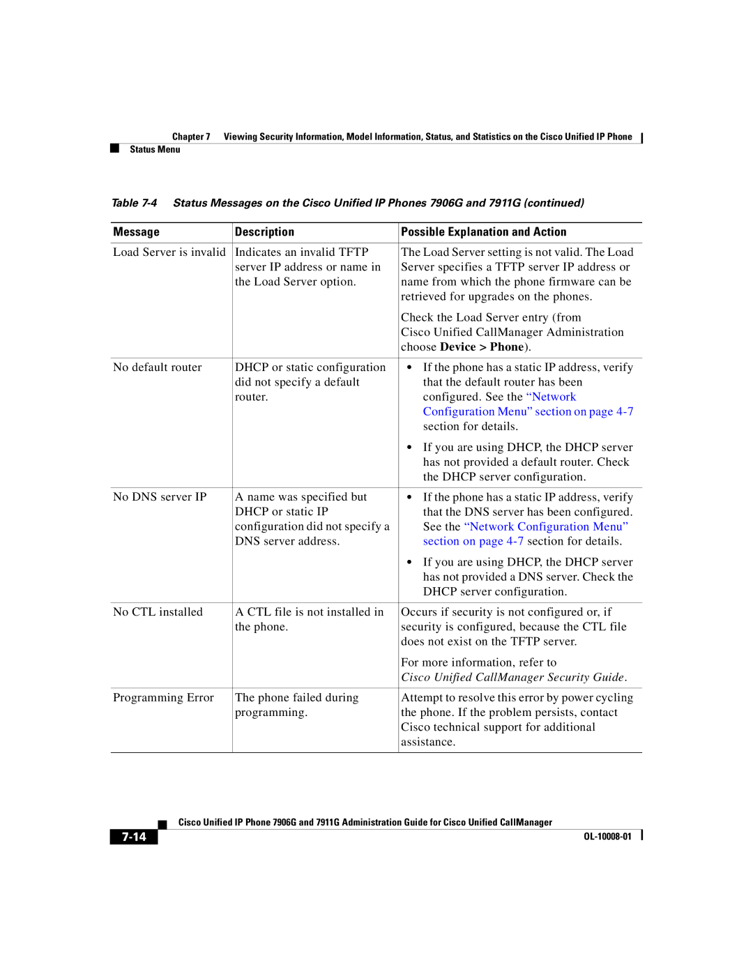 Cisco Systems 7906G, 7911G manual See the Network Configuration Menu, Section on page 4-7 section for details 