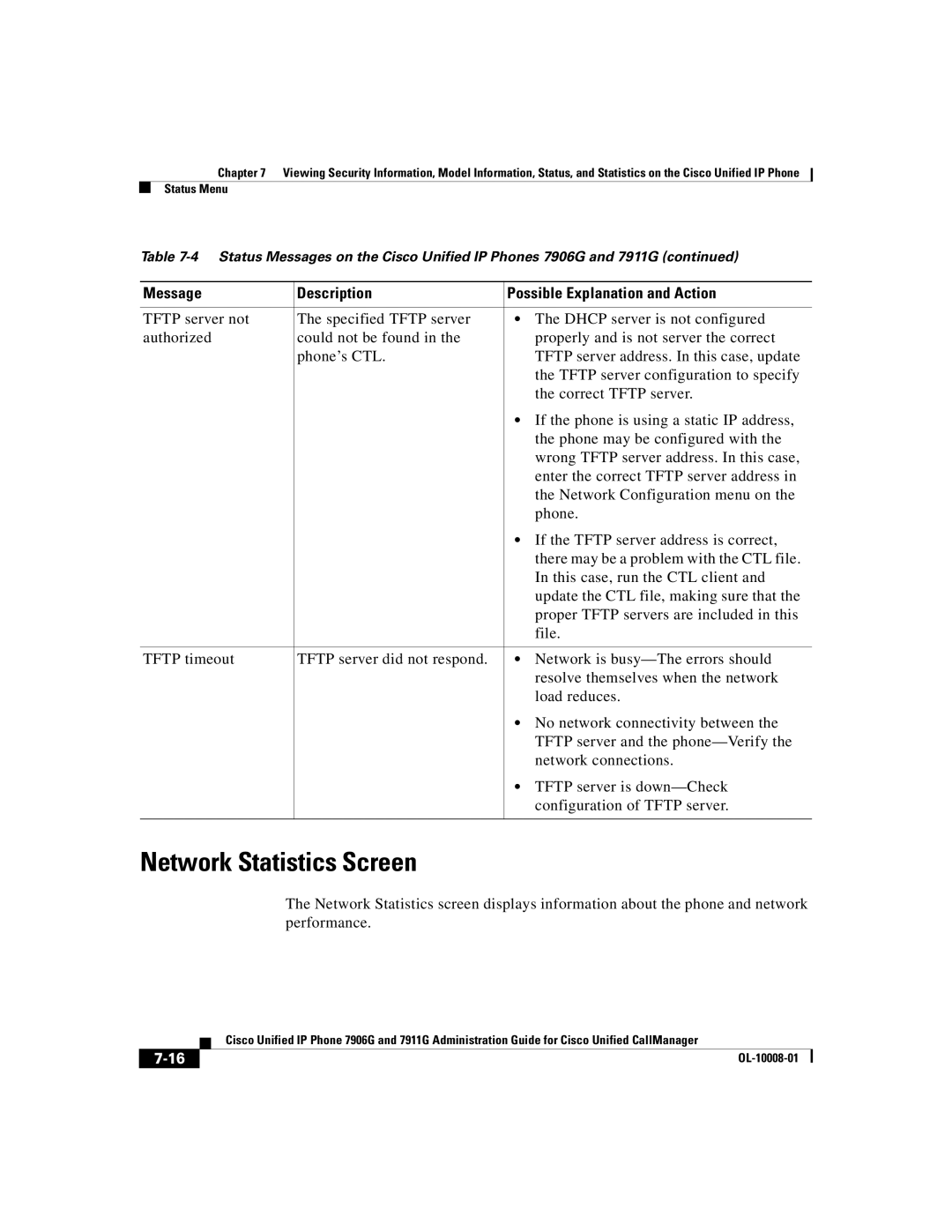 Cisco Systems 7906G, 7911G manual Network Statistics Screen 