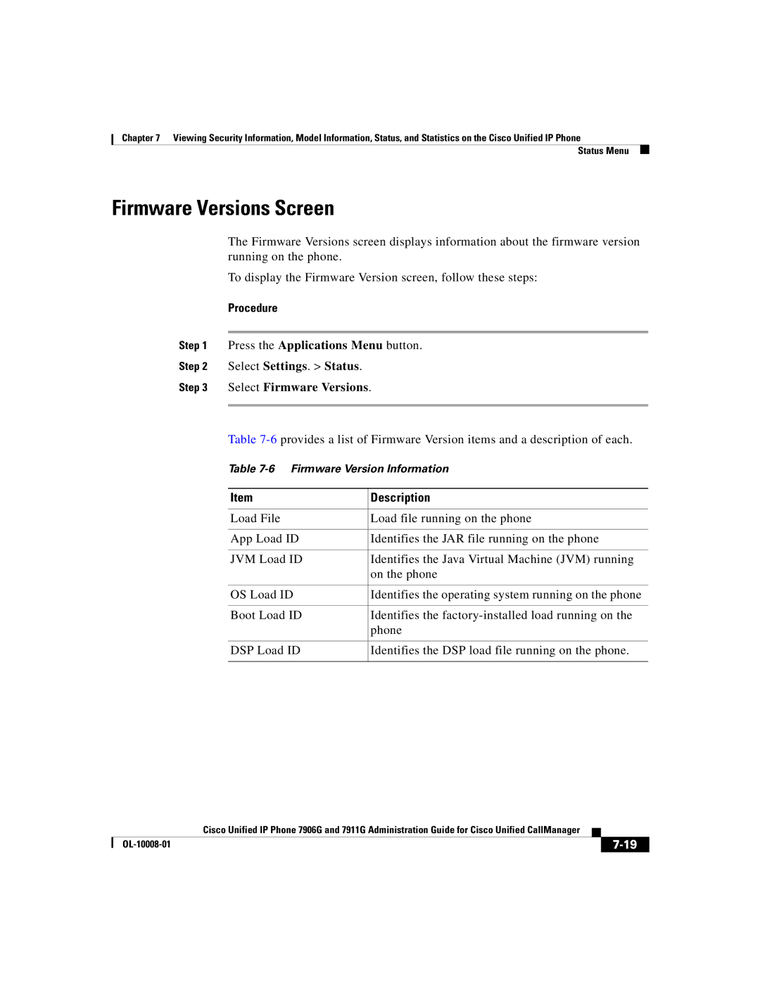 Cisco Systems 7911G, 7906G manual Firmware Versions Screen 