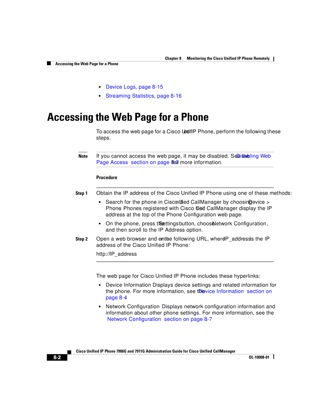 Cisco Systems 7906G, 7911G manual Accessing the Web Page for a Phone, Device Logs, Streaming Statistics 