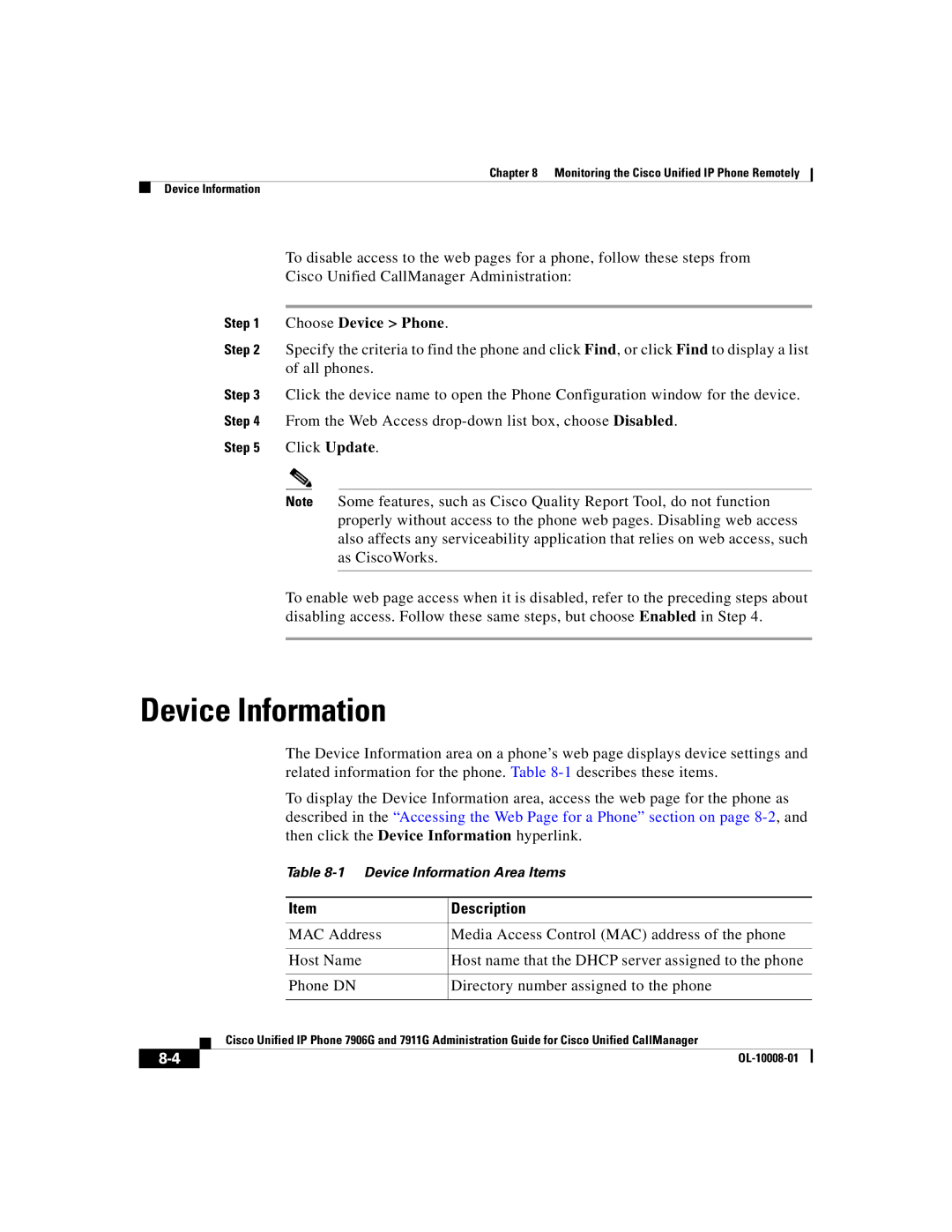 Cisco Systems 7906G, 7911G manual Device Information, Description 