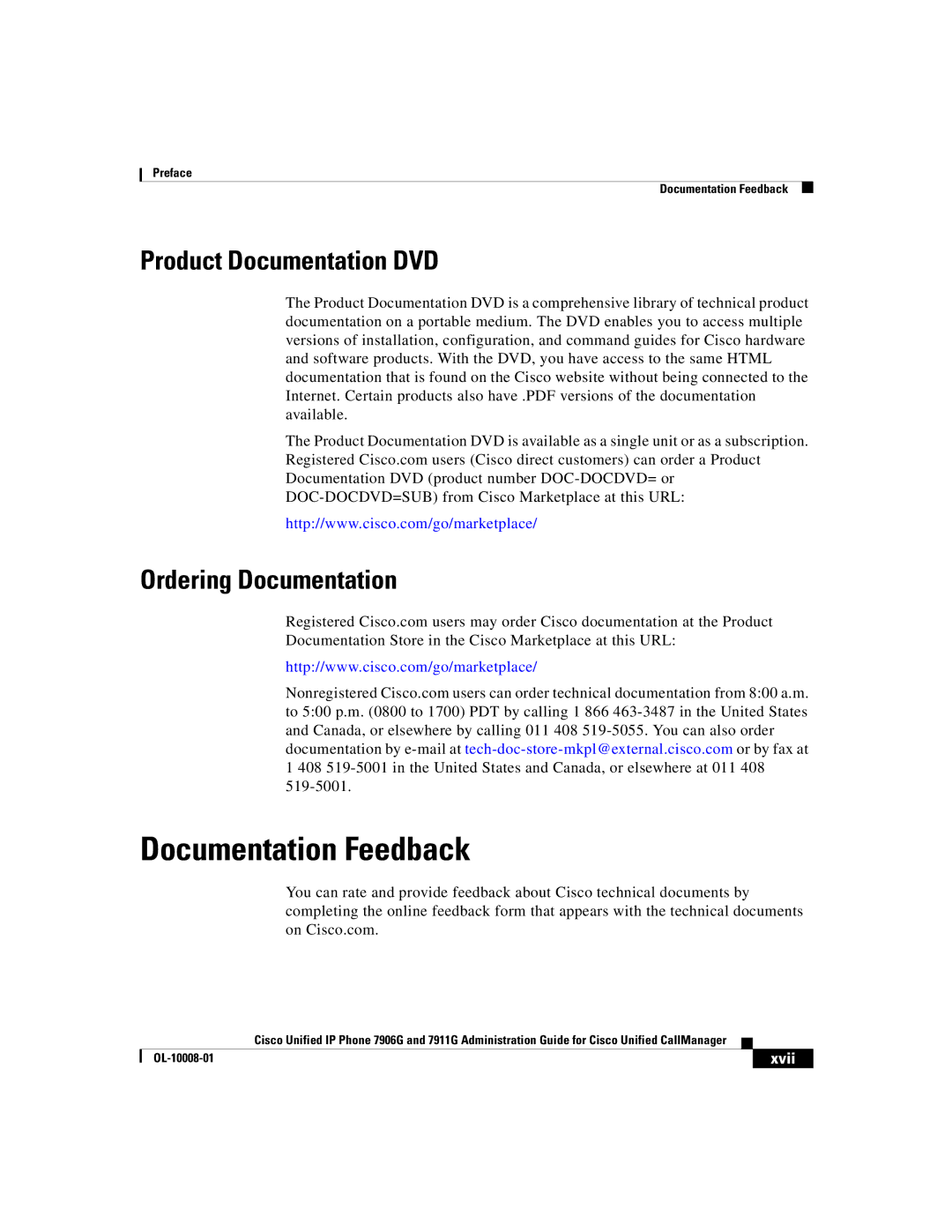 Cisco Systems 7911G, 7906G manual Documentation Feedback, Product Documentation DVD Ordering Documentation, Xvii 