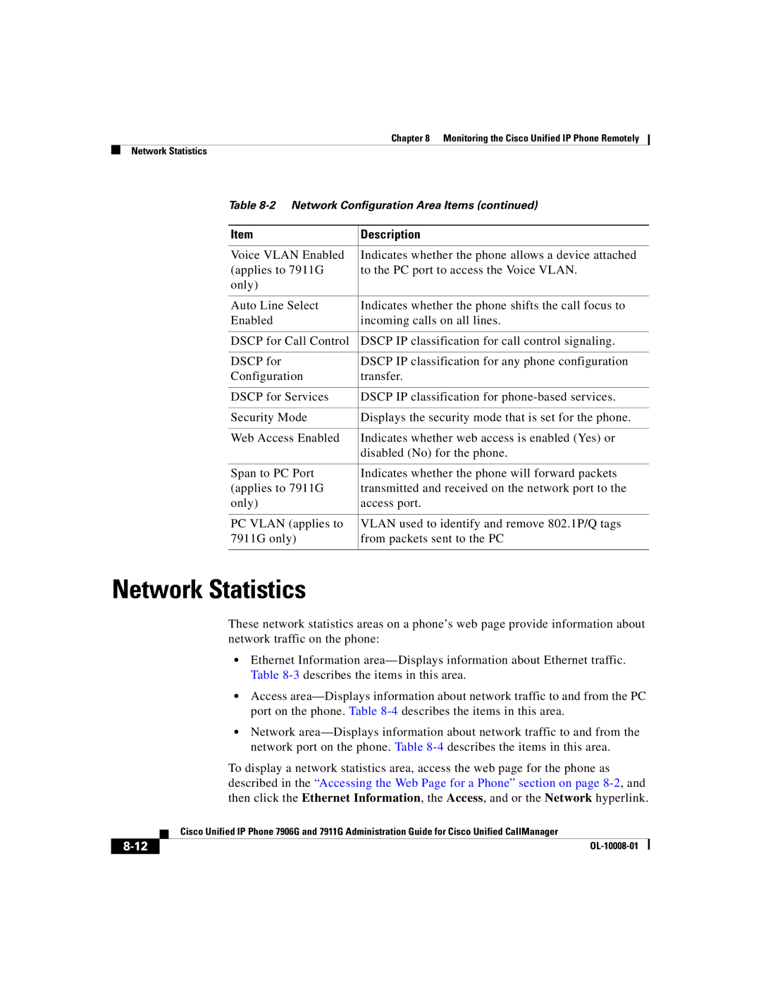 Cisco Systems 7906G, 7911G manual Network Statistics 