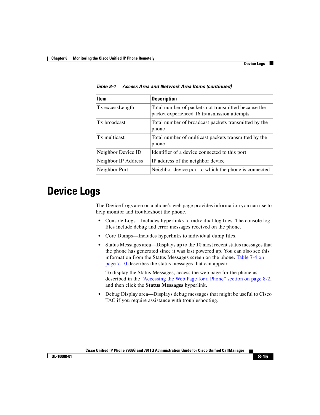 Cisco Systems 7911G, 7906G manual Device Logs 