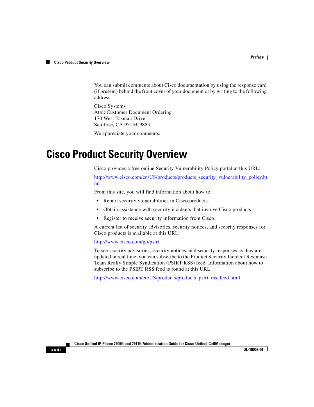 Cisco Systems 7906G, 7911G manual Cisco Product Security Overview, Xviii 