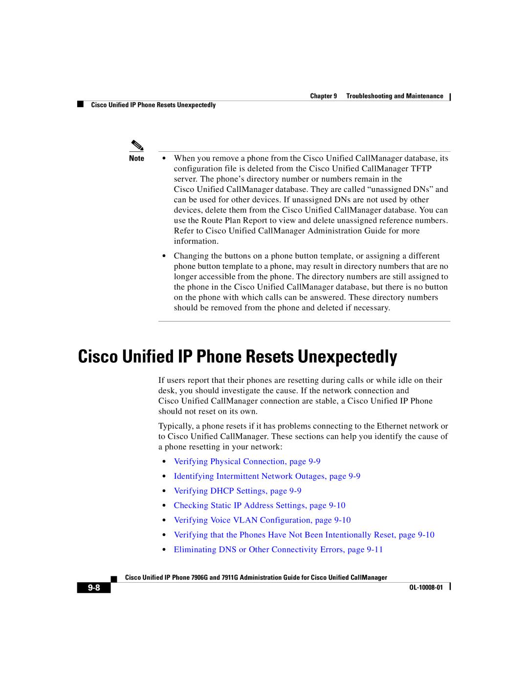 Cisco Systems 7906G, 7911G manual Cisco Unified IP Phone Resets Unexpectedly 