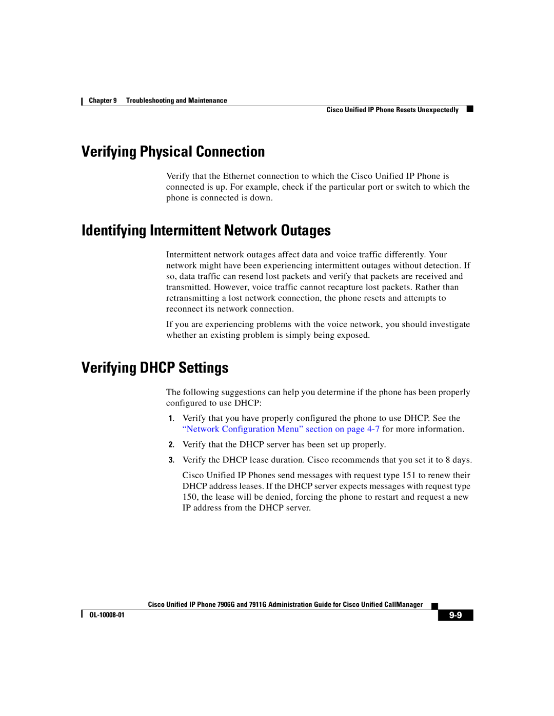 Cisco Systems 7911G manual Verifying Physical Connection, Identifying Intermittent Network Outages, Verifying Dhcp Settings 