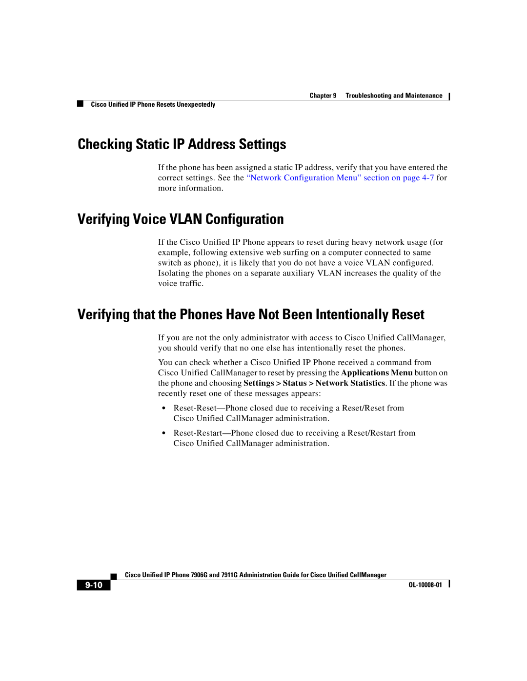 Cisco Systems 7906G, 7911G manual Checking Static IP Address Settings, Verifying Voice Vlan Configuration 