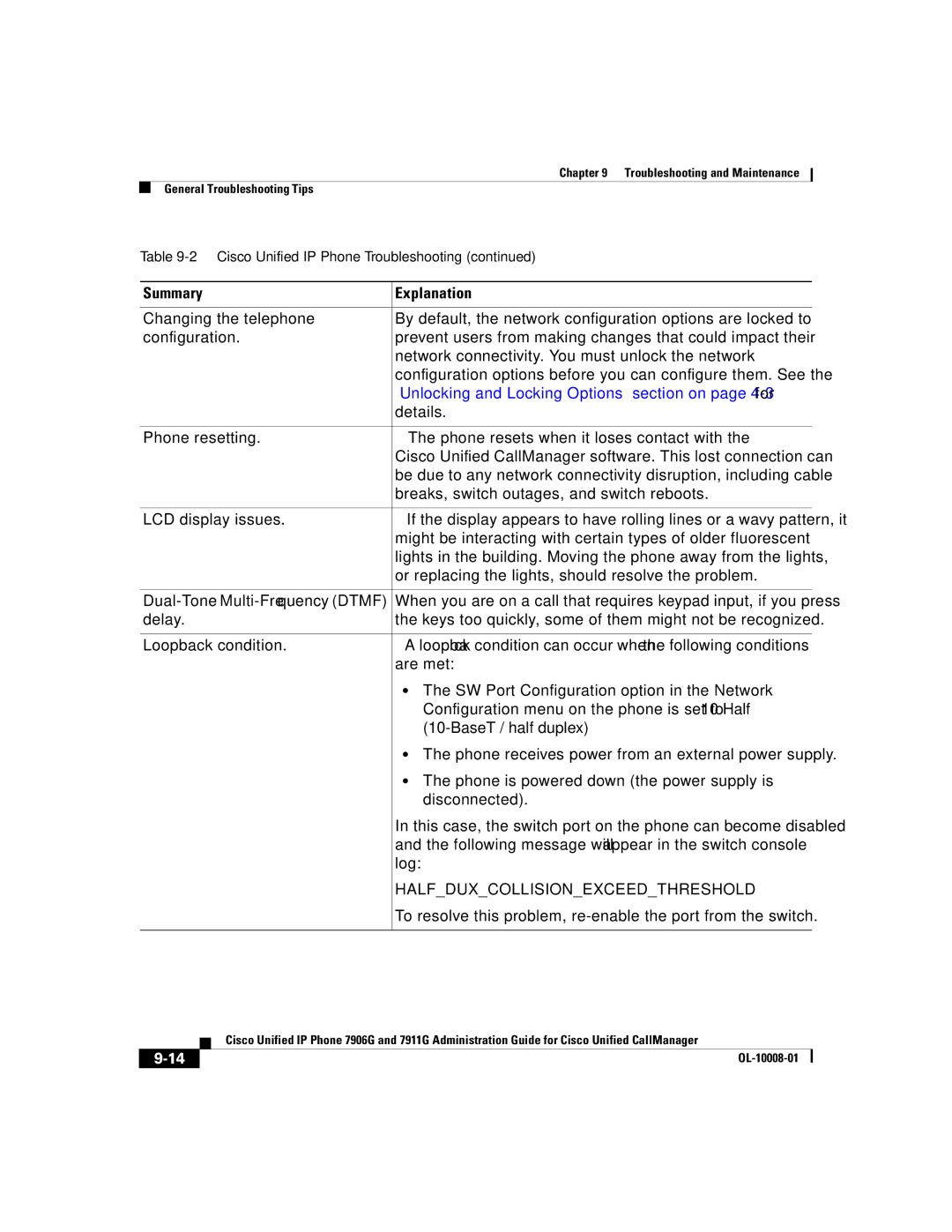 Cisco Systems 7906G, 7911G manual Unlocking and Locking Options section on page 4-3 for, Halfduxcollisionexceedthreshold 