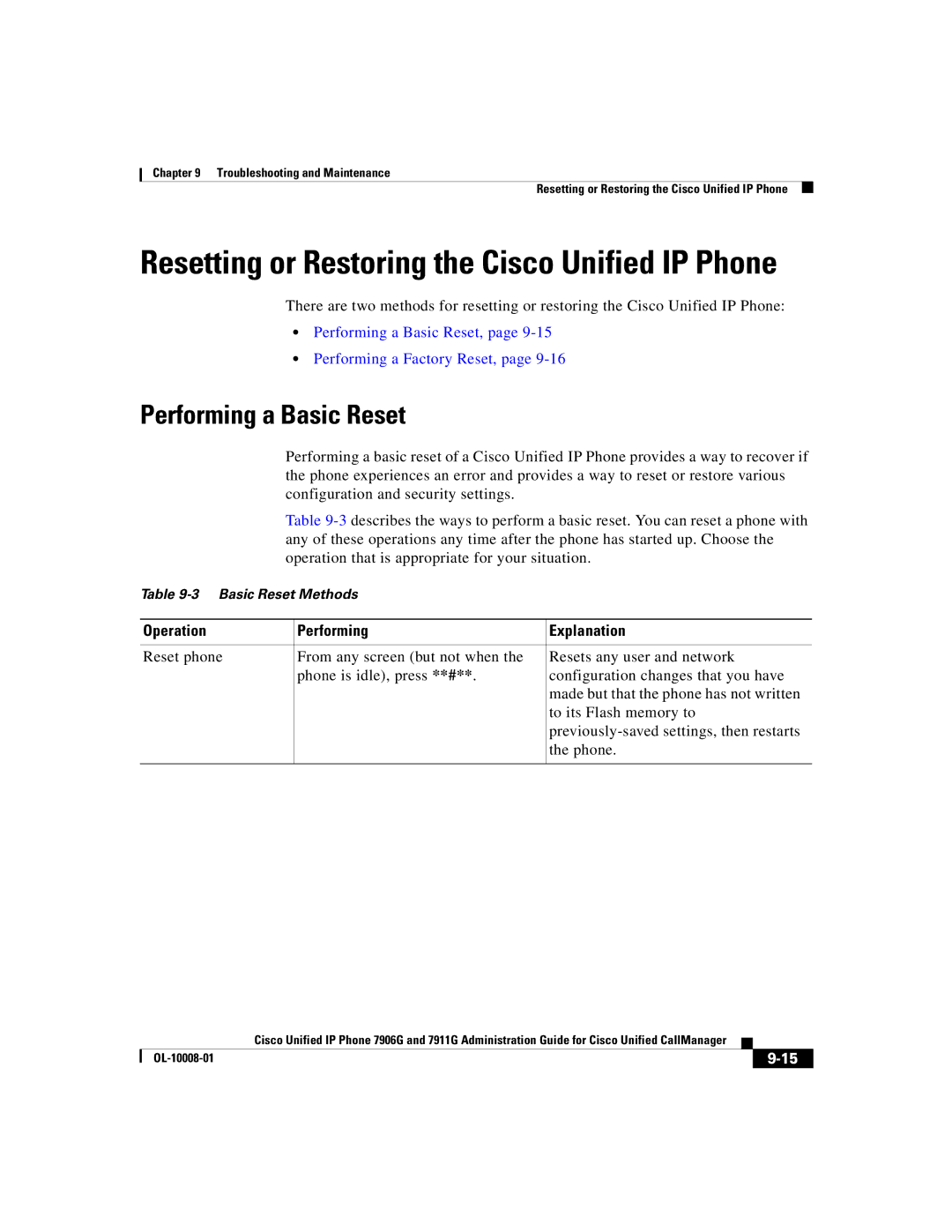 Cisco Systems 7911G, 7906G manual Performing a Basic Reset, Performing a Factory Reset, Operation Performing Explanation 