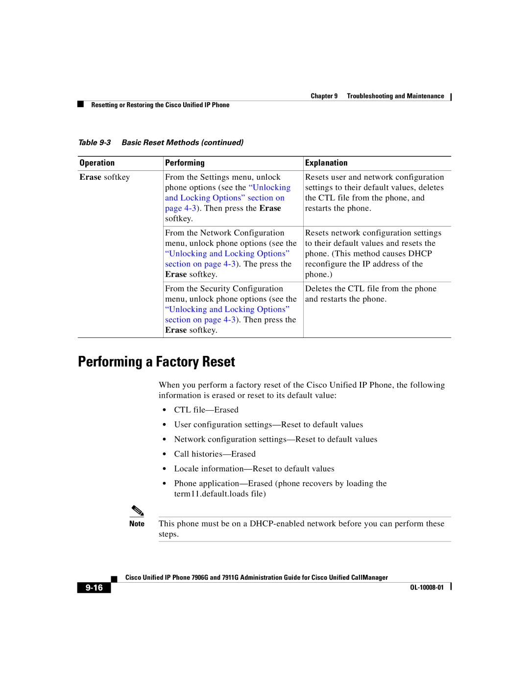 Cisco Systems 7906G, 7911G manual Performing a Factory Reset, Locking Options section on, Unlocking and Locking Options 