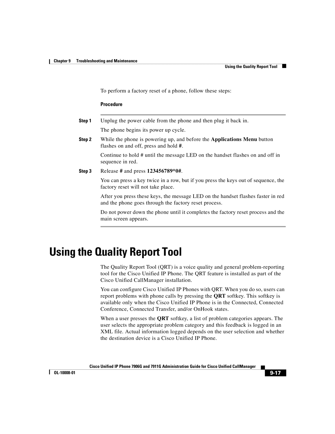 Cisco Systems 7911G, 7906G manual Using the Quality Report Tool, Procedure 