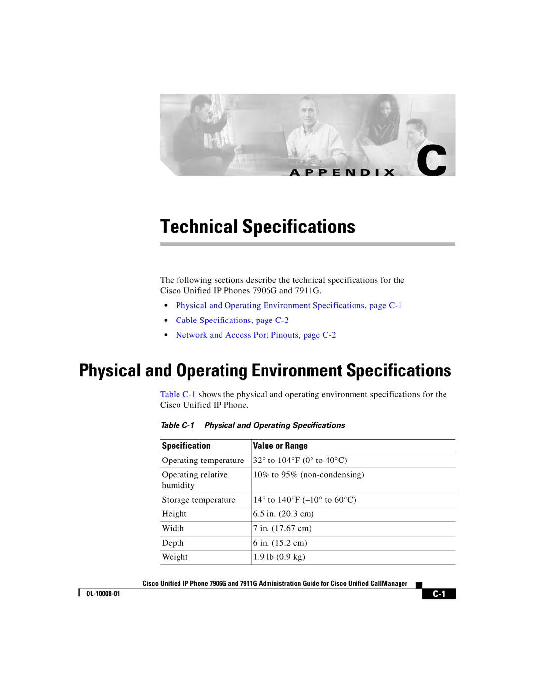 Cisco Systems 7911G, 7906G manual Technical Specifications, Specification Value or Range 