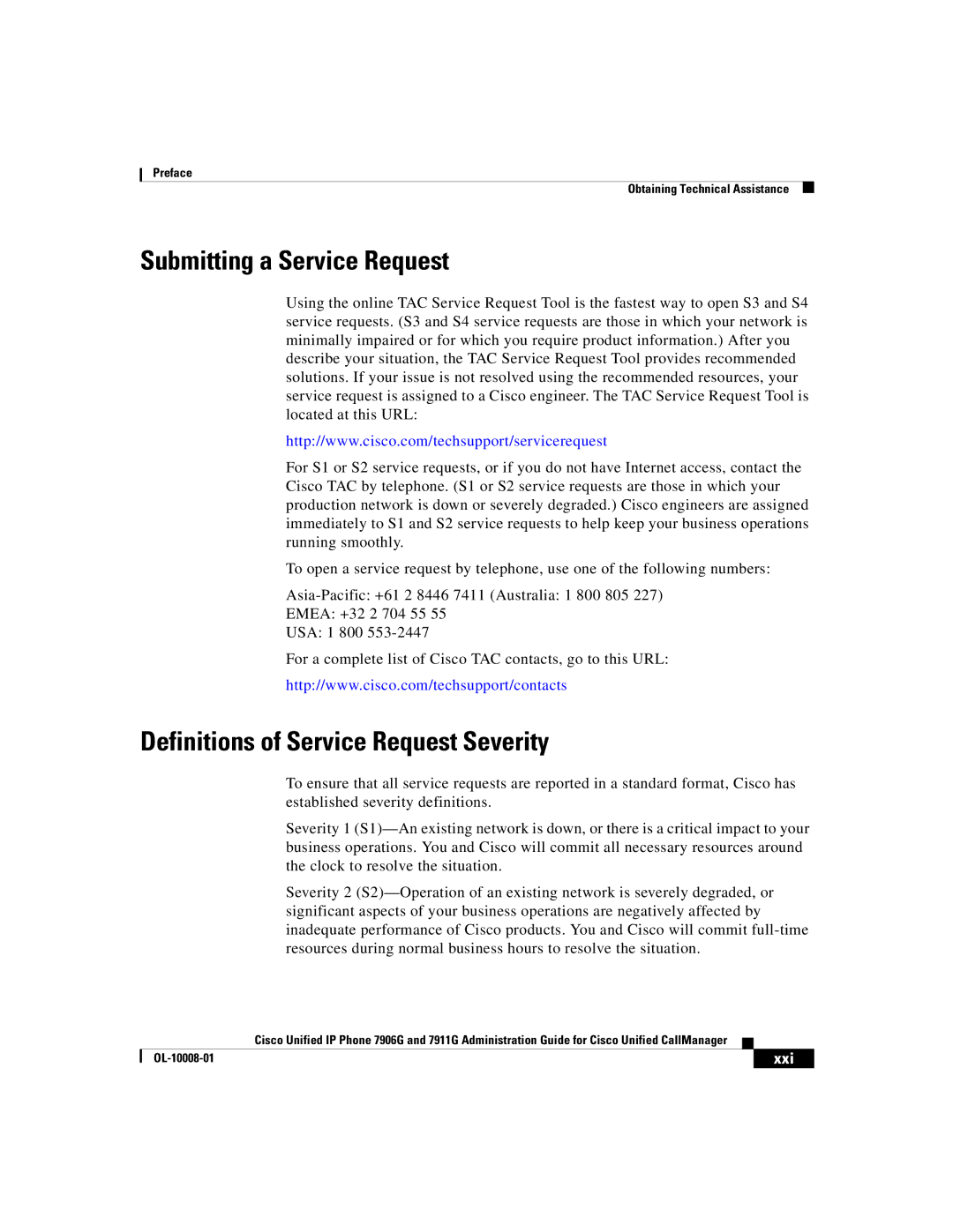 Cisco Systems 7911G, 7906G manual Submitting a Service Request, Definitions of Service Request Severity, Xxi 