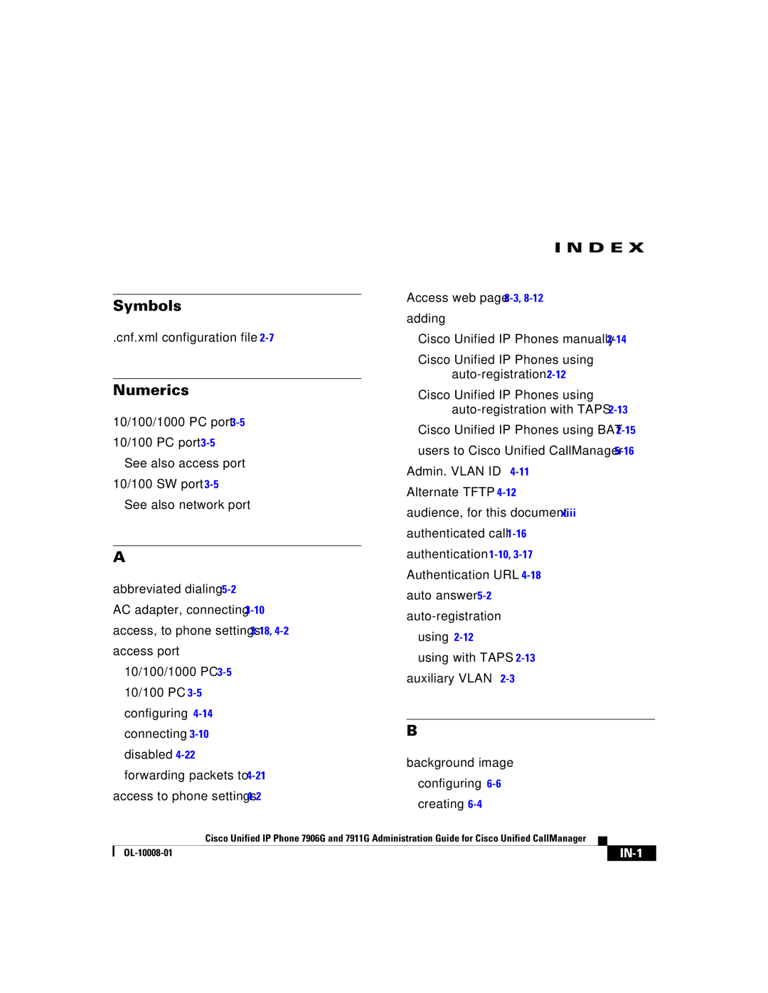 Cisco Systems 7911G, 7906G manual Numerics, IN-1 