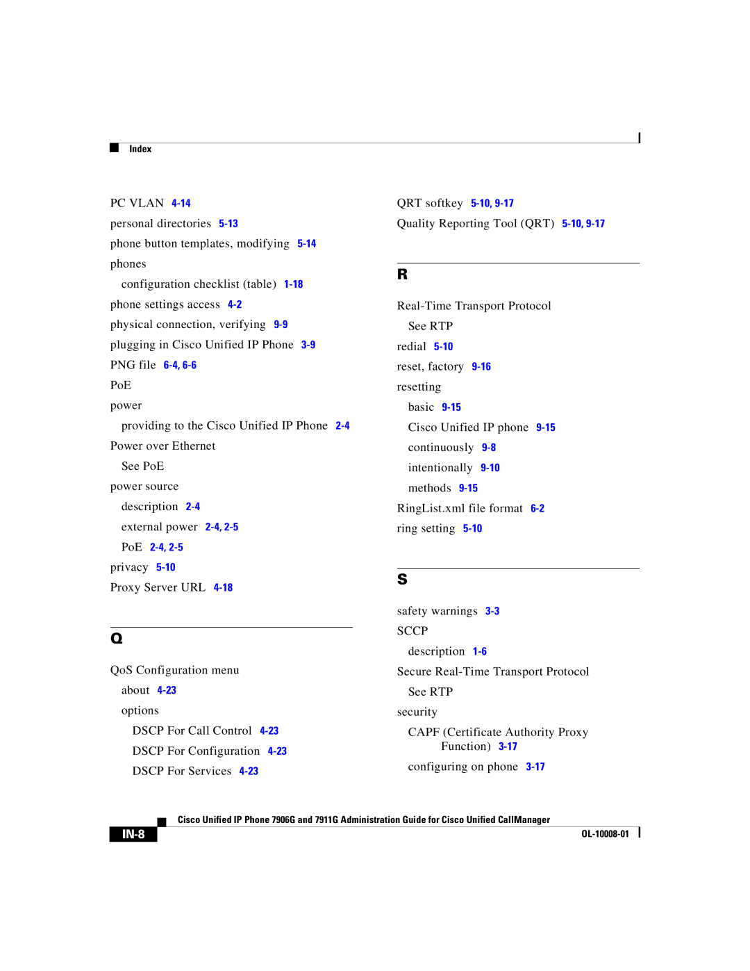 Cisco Systems 7906G, 7911G manual IN-8 