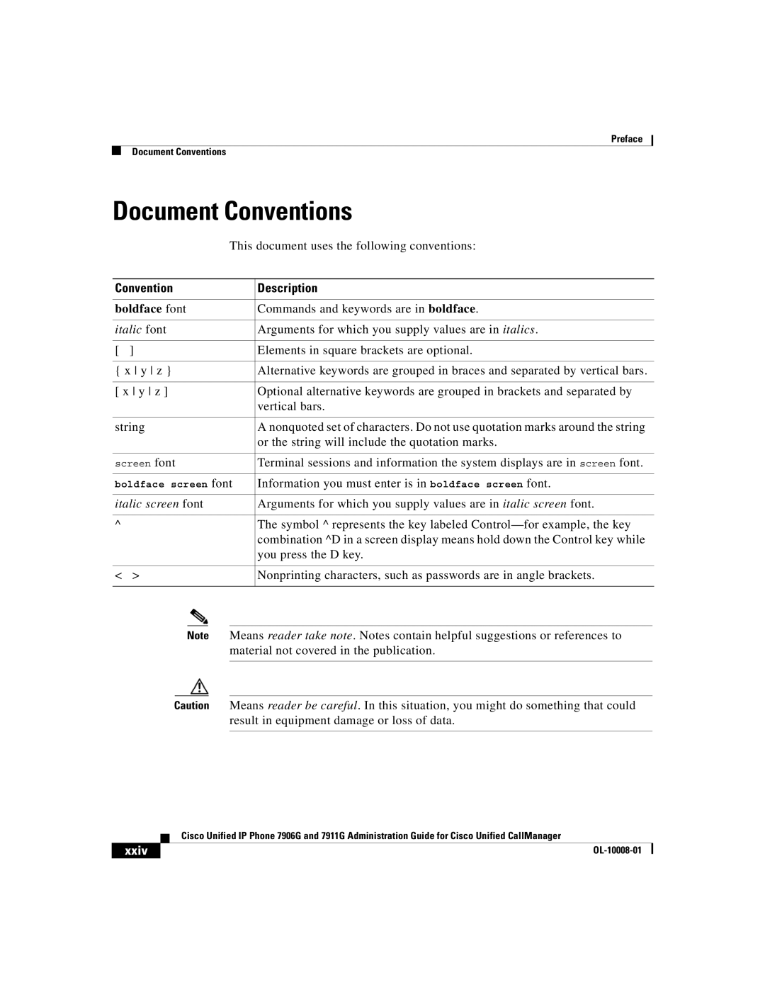 Cisco Systems 7906G, 7911G manual Document Conventions, Convention Description, Xxiv 