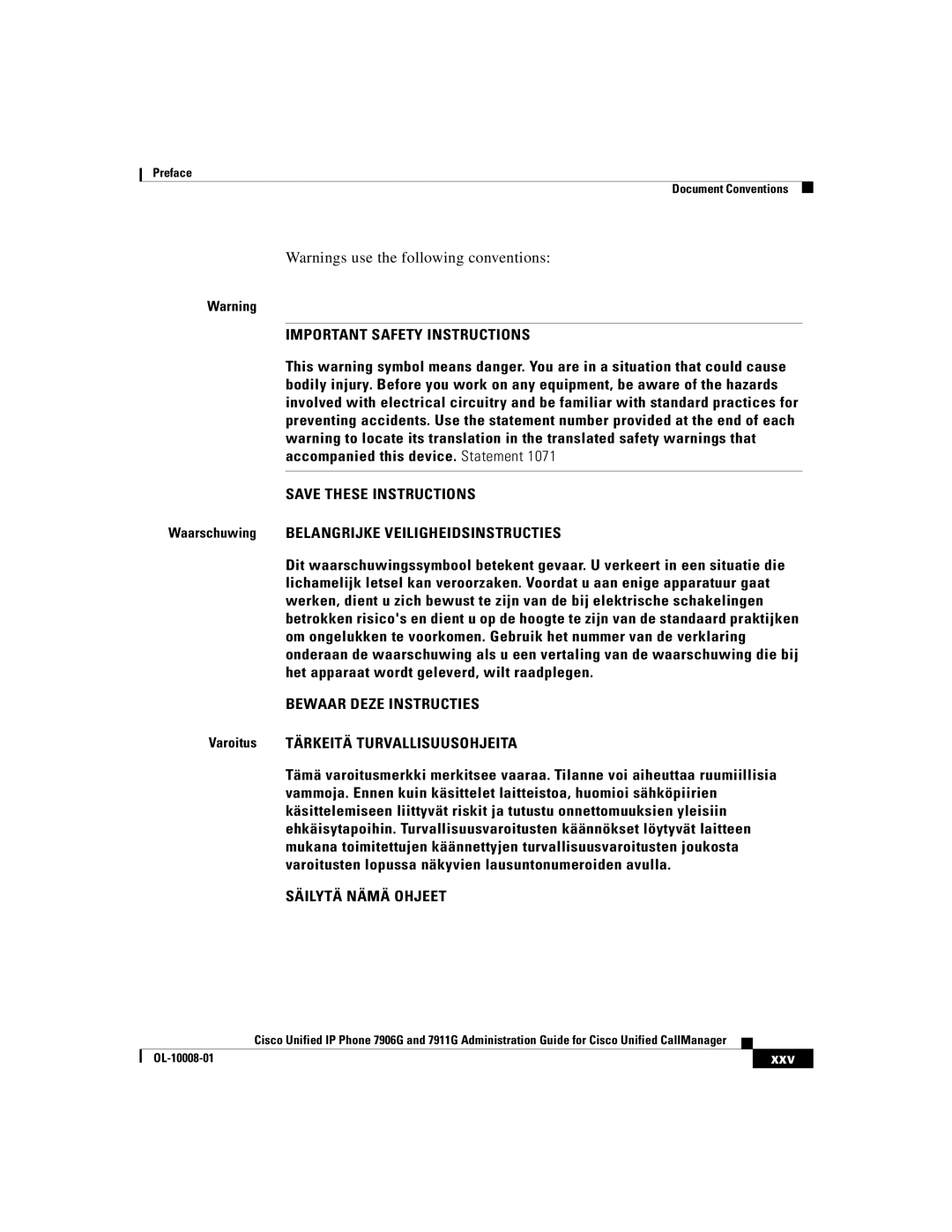 Cisco Systems 7911G, 7906G Waarschuwing Belangrijke Veiligheidsinstructies, Varoitus Tärkeitä Turvallisuusohjeita, Xxv 