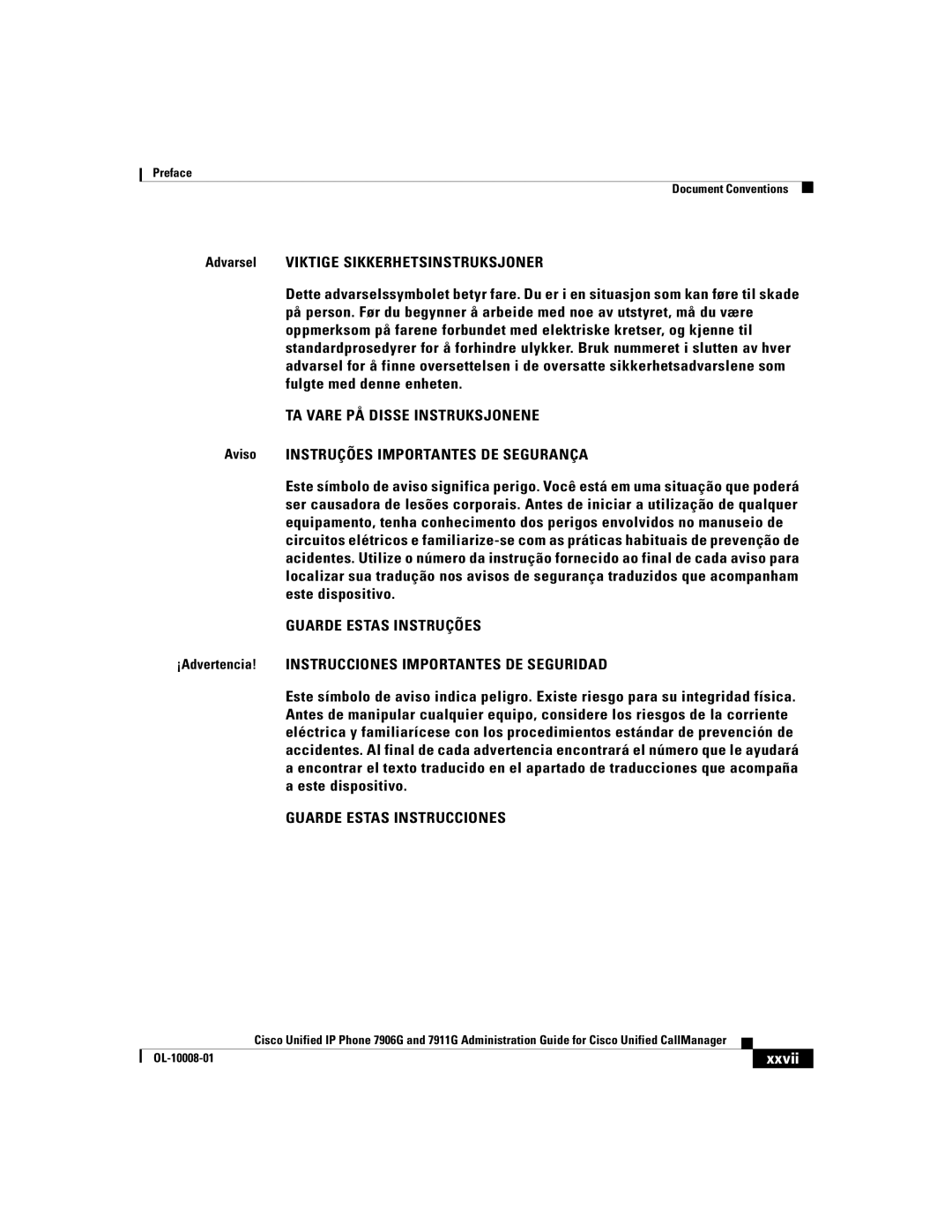 Cisco Systems 7911G, 7906G manual Aviso Instruções Importantes DE Segurança, Xxvii 